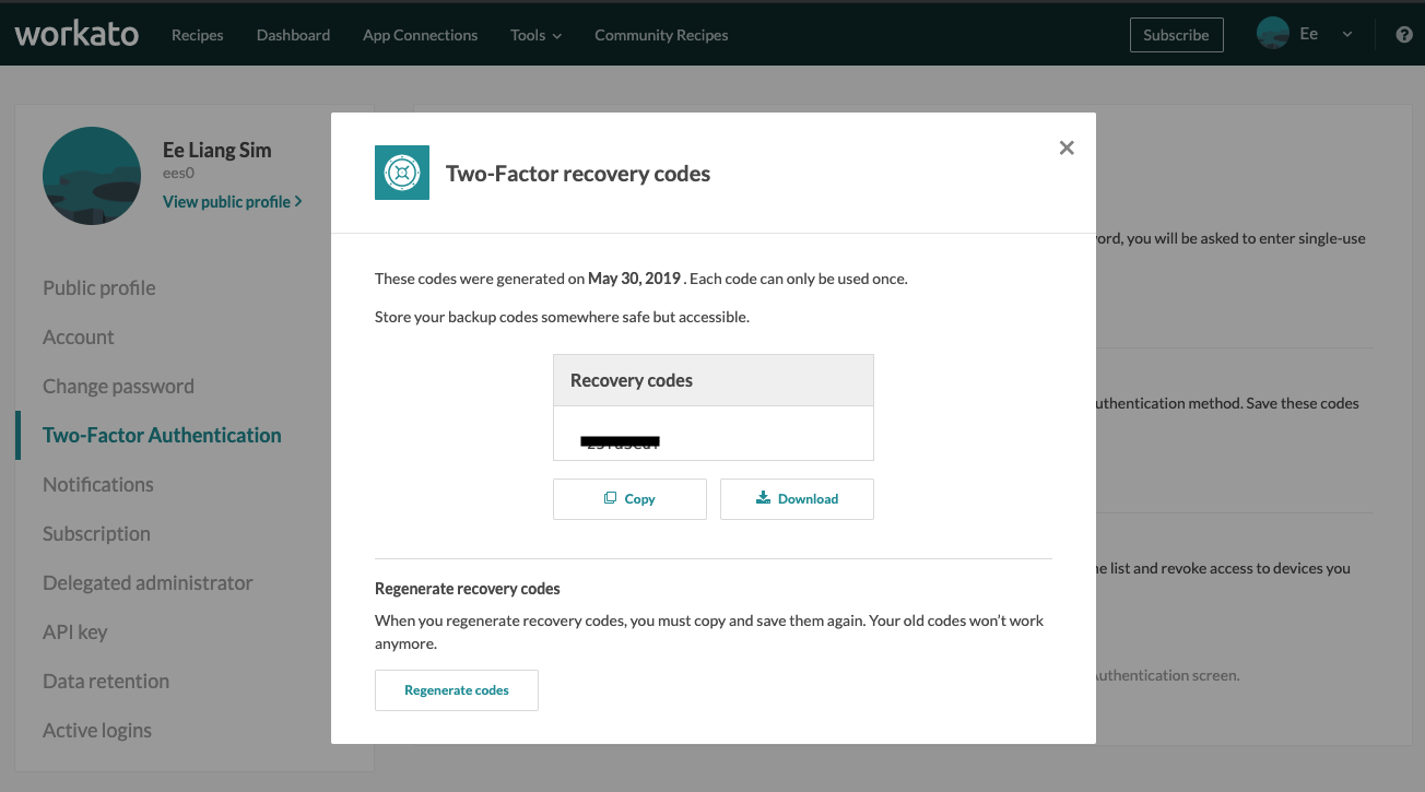 Generate new recovery codes