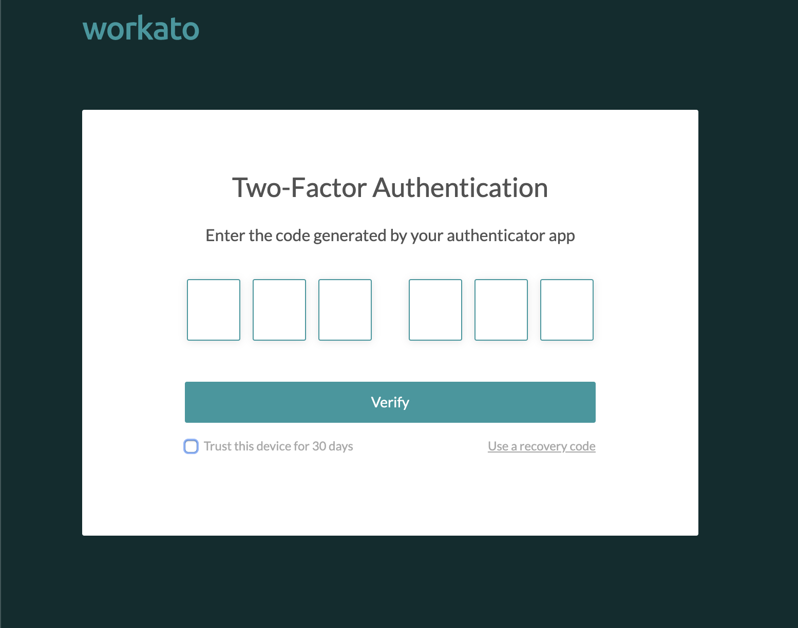 Workato requesting two-factor authentication