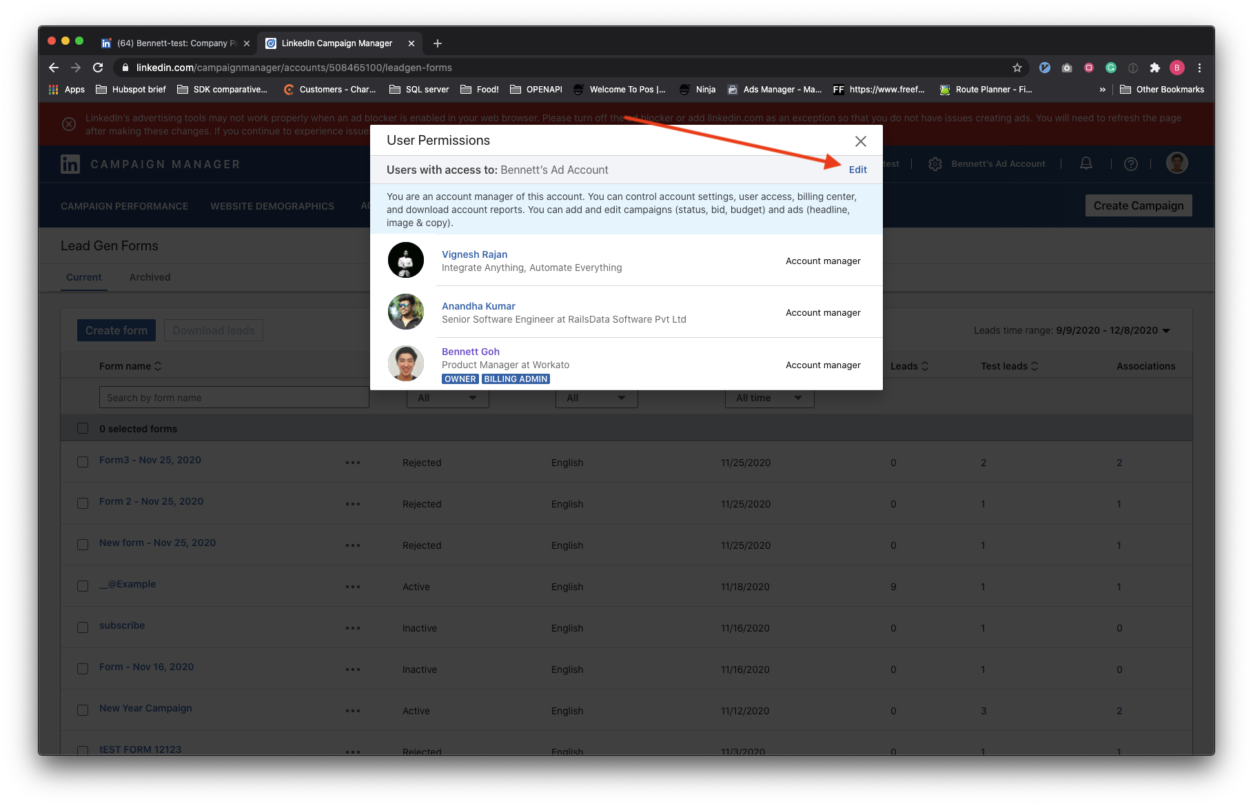 LinkedIn ad account access view