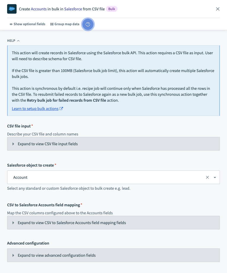 CSV ファイルを通じたバルク作成 Salesforce アクションの各セクション