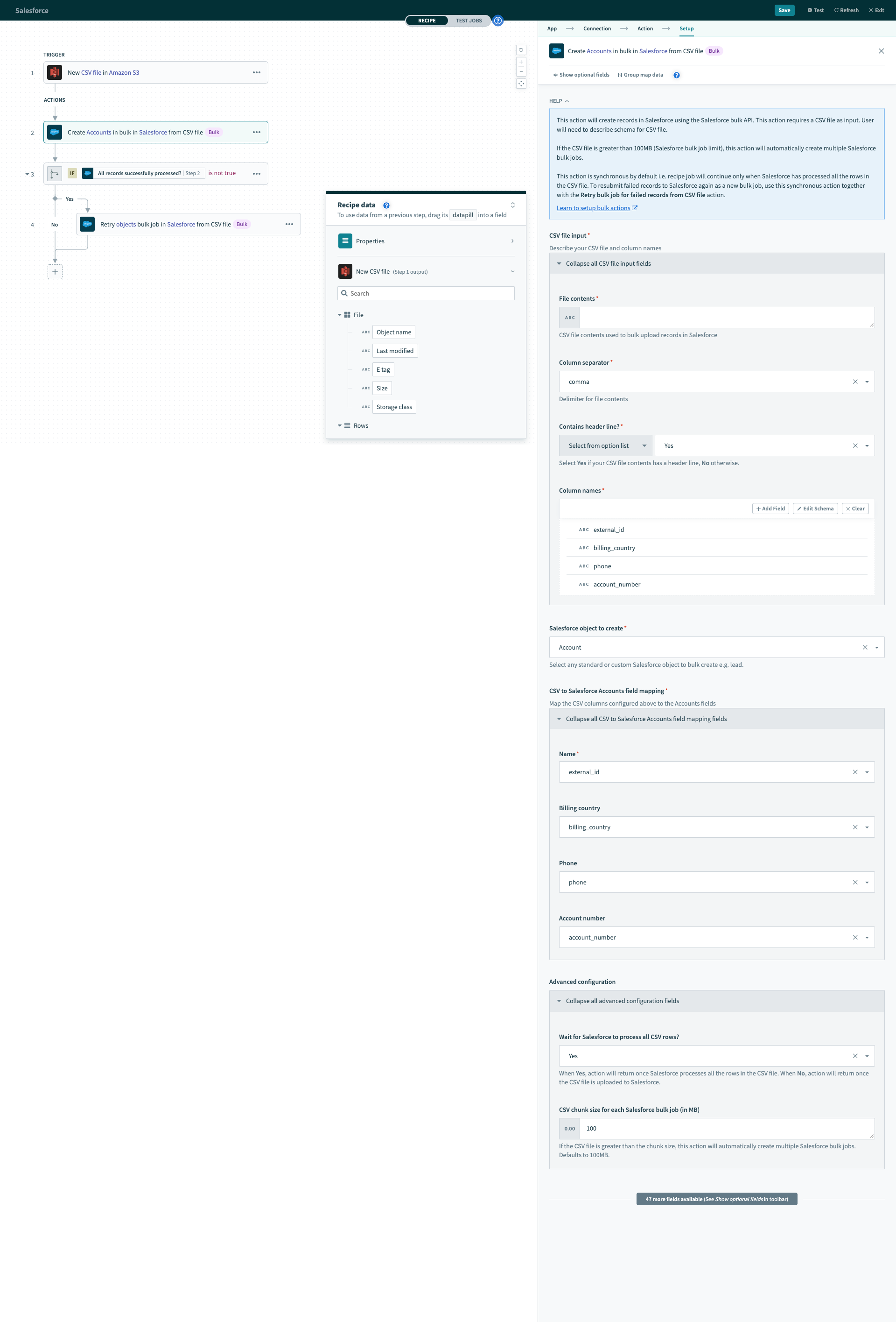 設定済みの Salesforce のバルクアップサートアクション