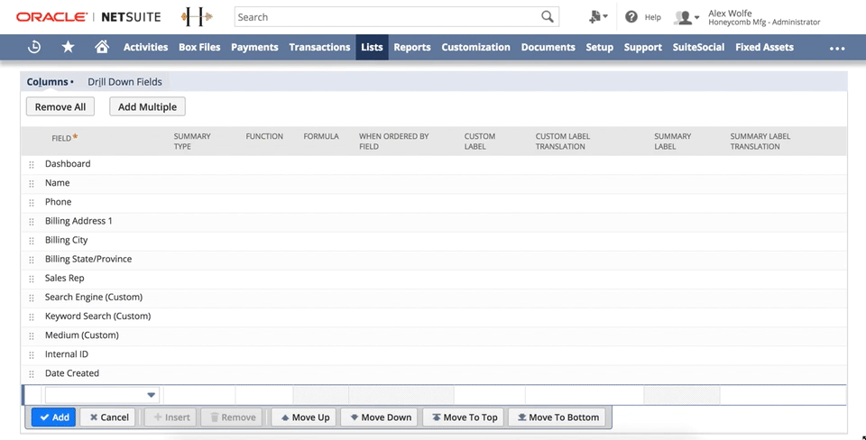 保存された検索から [Dashboard] 列を削除