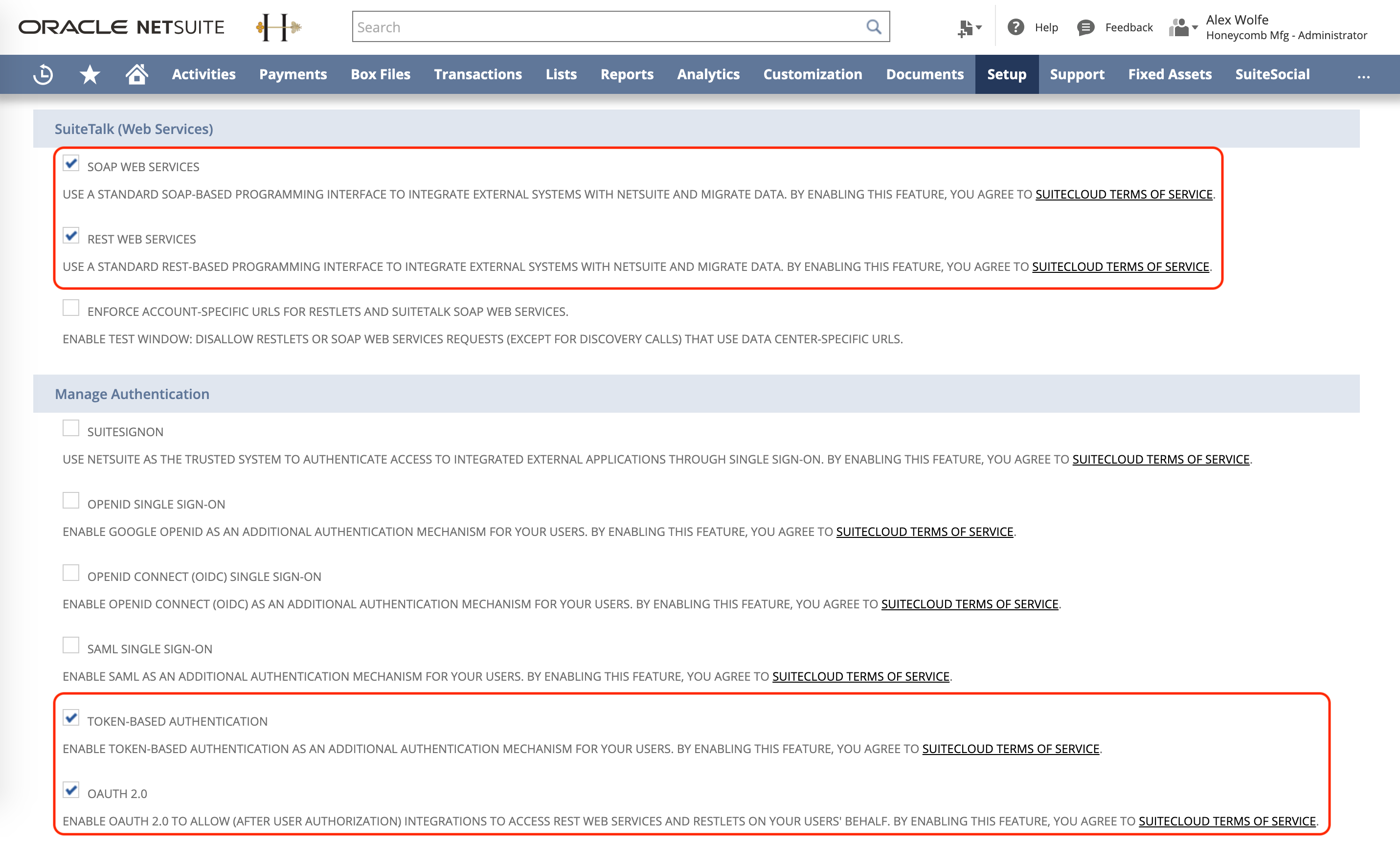 [SuiteTalk Web Services] と [Token-based Authentication] チェックボックスにチェックを入れる
