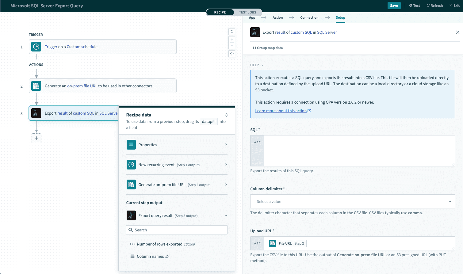 Export query result action