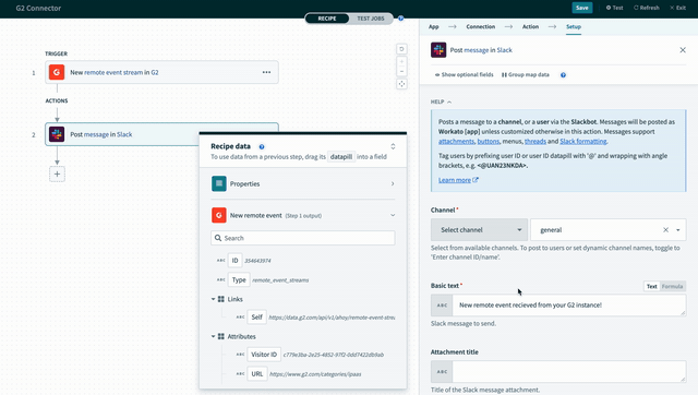 New Remote Event in G2 posts real time Slack notifications view