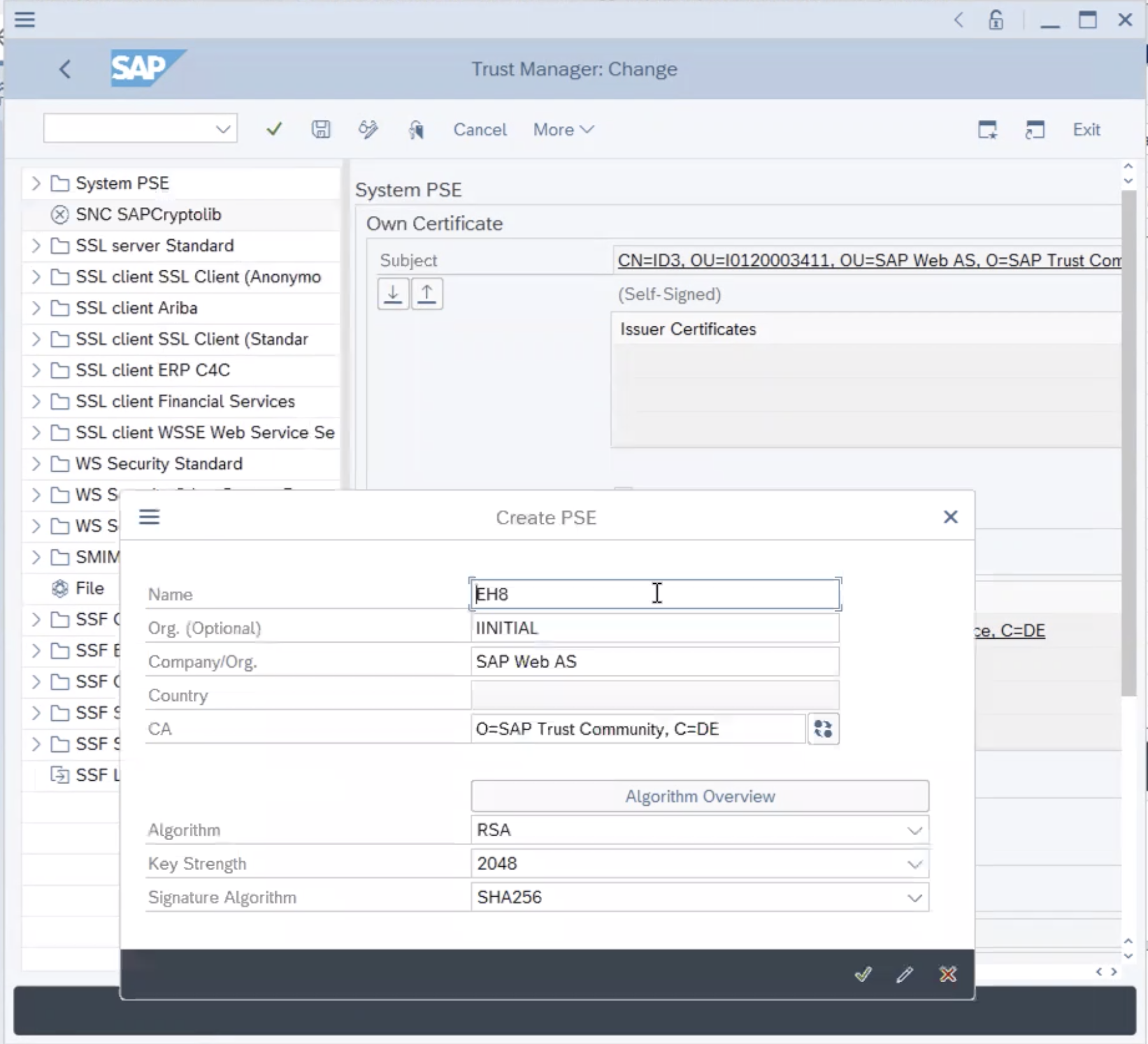 Parameters when creating PSE