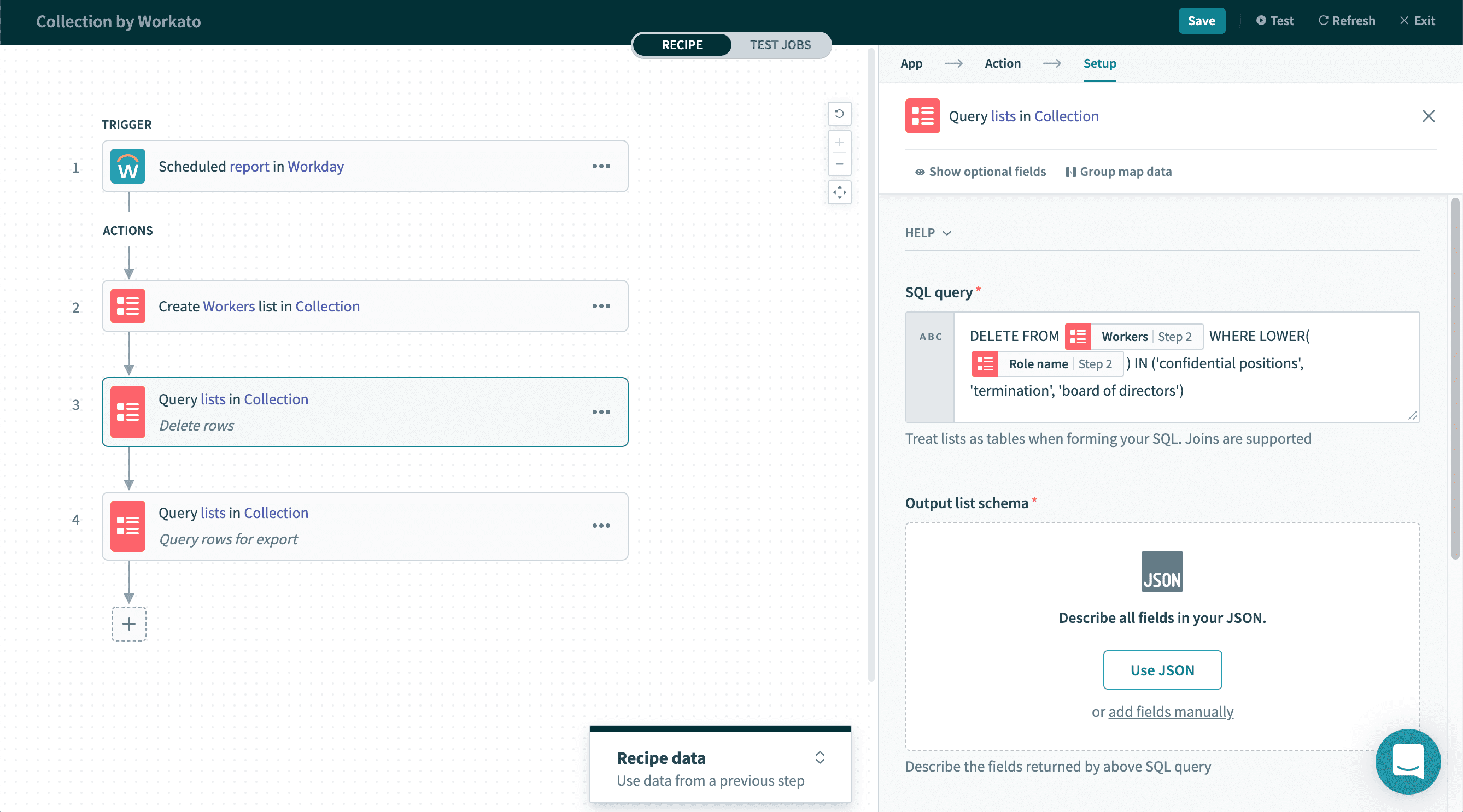 Delete rows with Query list in Collection