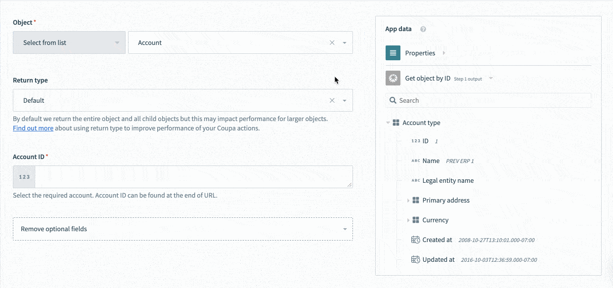 Configure return type for coupa actions