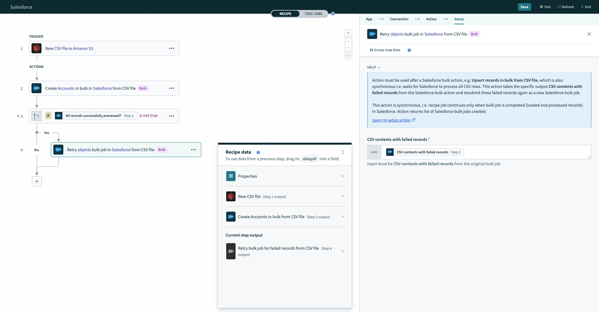 サンプルレシピ - Salesforce の CSV ファイルを通じたバルクアップサート