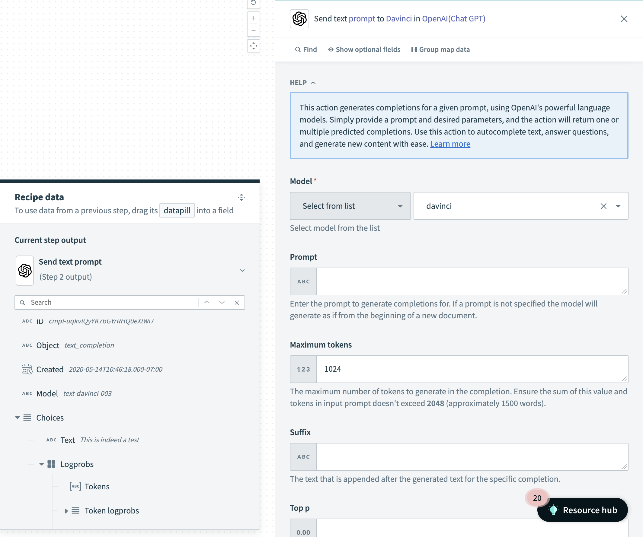 Send text prompt action