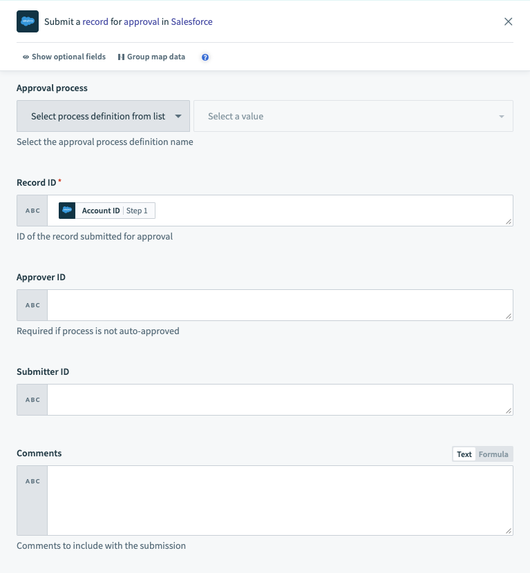 Submit record for approval の入力項目