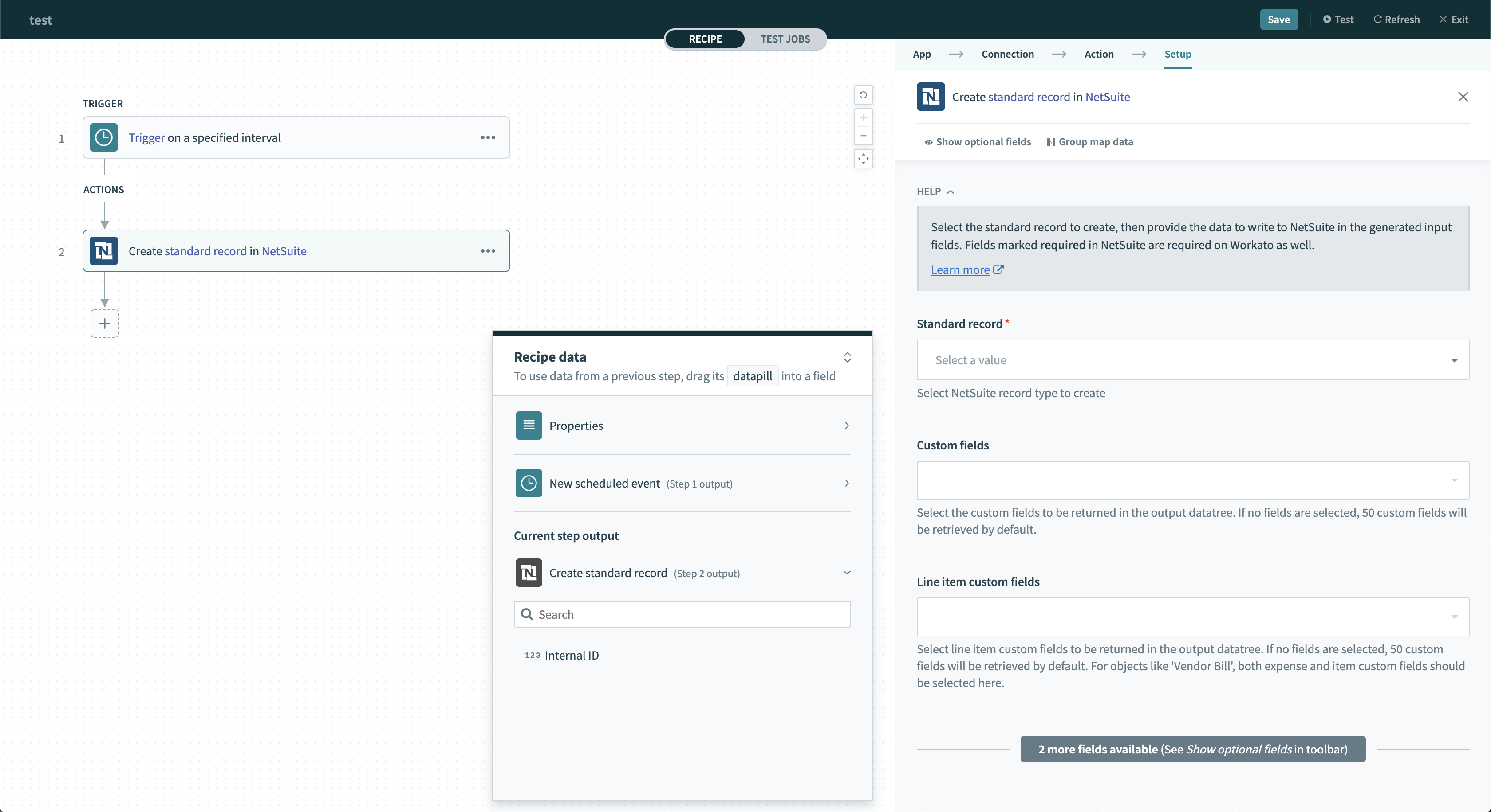 未設定の NetSuite の Add object アクション