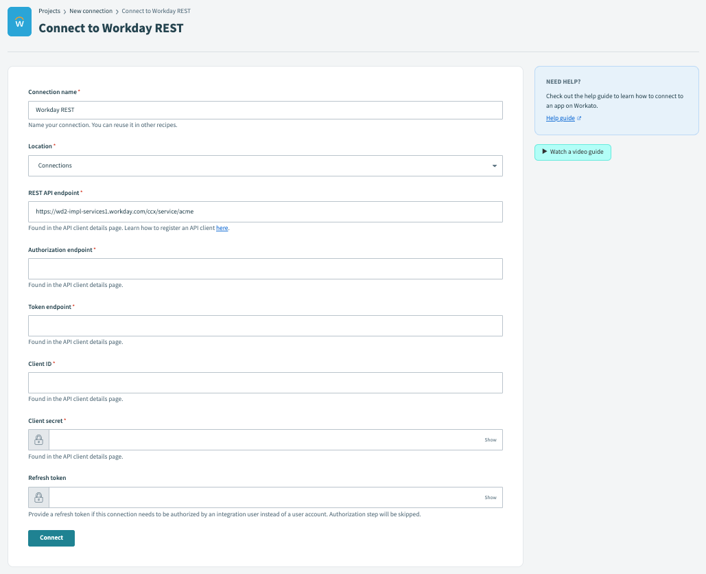 Workday REST connector connection fields